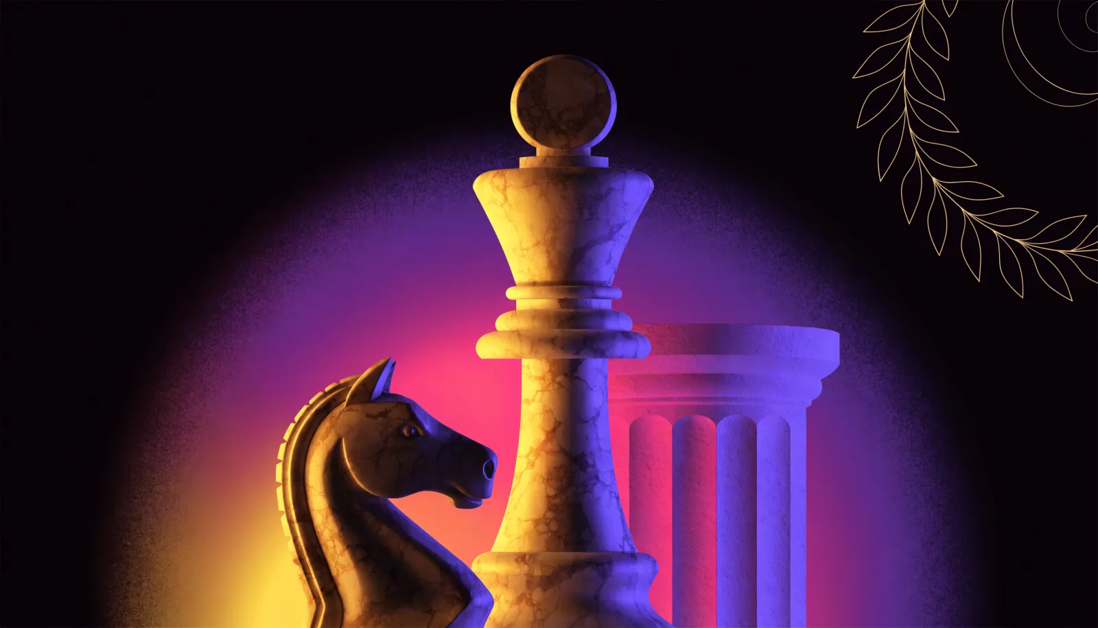 Marble chess pieces beside a Doric column and a gold laurel on a dark gradient