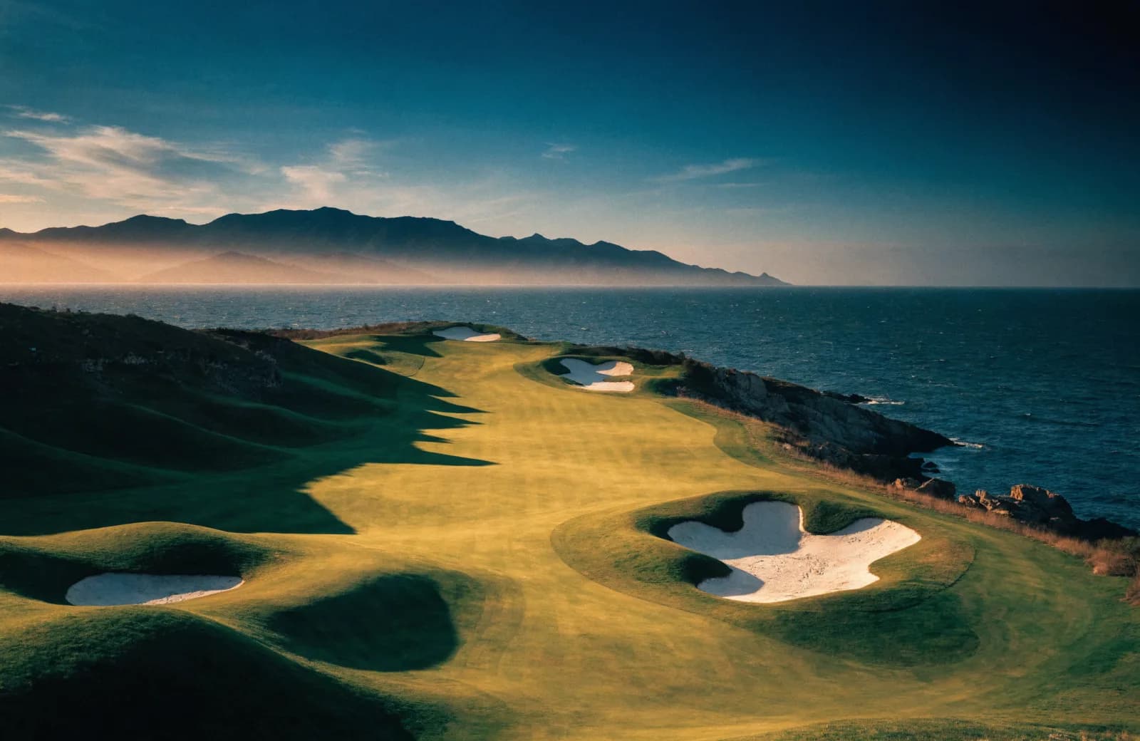 A coastal links golf hole at golden hour, the fairway sweeping toward the sea