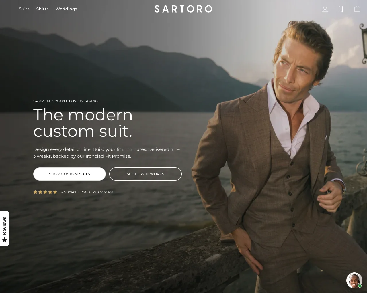 Sartoro's live homepage hero — a man in a brown three-piece custom suit by a lake at dusk, beside the headline 'The modern custom suit.'